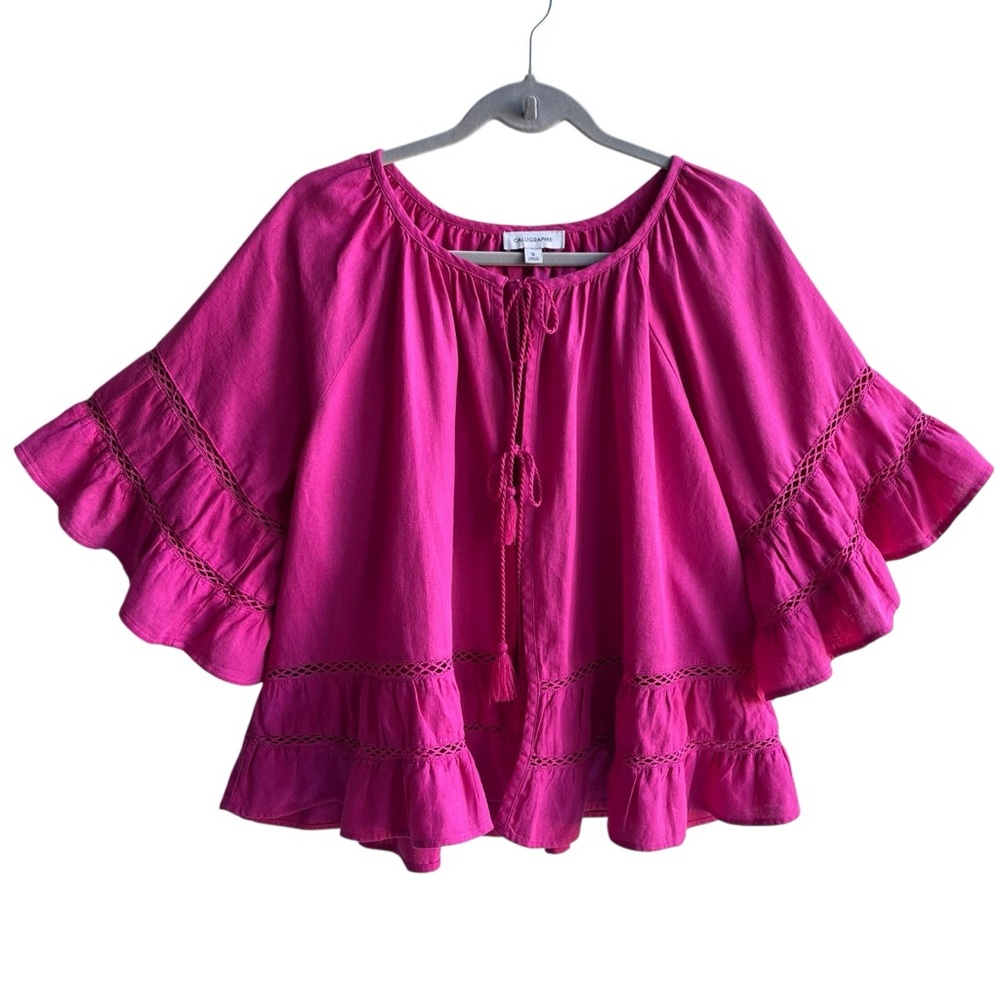 Caligraphie Pink Statement Sleeve Top Oversized Small Ruffle Tiered Boho Peasant